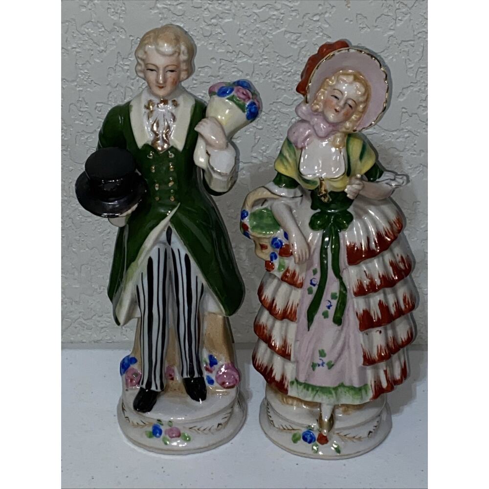 VTG Made In Occupied Japan Colonial Couple Courting Figurine Set Porcelain 10”